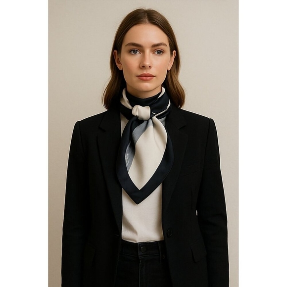 Chang Joh Silk Scarf Square 34x34 Black Gray White Abstract Brushstroke Design - Picture 10 of 10